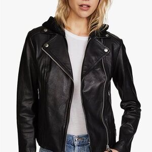 Gorgeous Mackage Black Leather Moto Jacket with Removable Hooded Knit Panel